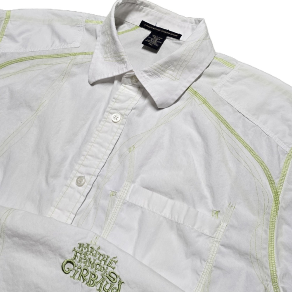 Y2K Vintage‎ Girbaud White Button Shirt Mens 2XL Lime Green Embroidered